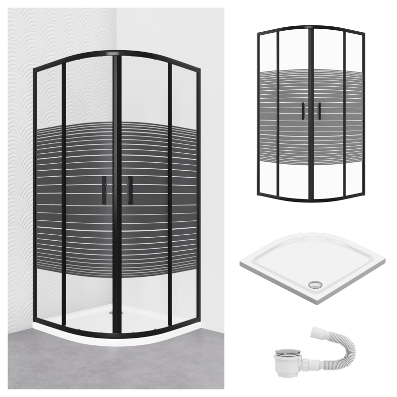Zestaw kabiny Petra półokrągła 90x90 czarna z białym brodzikiem SLIM SEVANTE