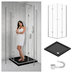 Zestaw kabiny Iwaki kwadratowa 80x80 chrom z czarnym brodzikiem SLIM SEVANTE