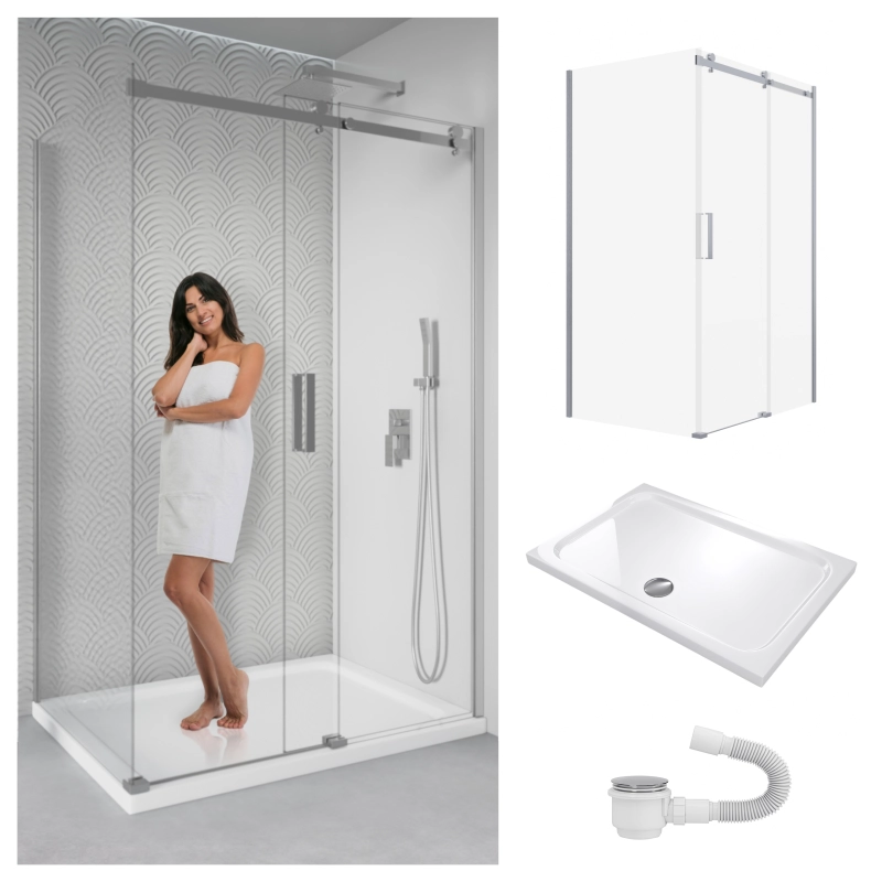 Zestaw kabiny Lotus prostokątna 100x90 chrom z białym brodzikiem SLIM SEVANTE