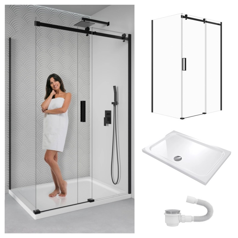 Zestaw kabiny Lotus prostokątna 110x80 czarna z białym brodzikiem SLIM SEVANTE