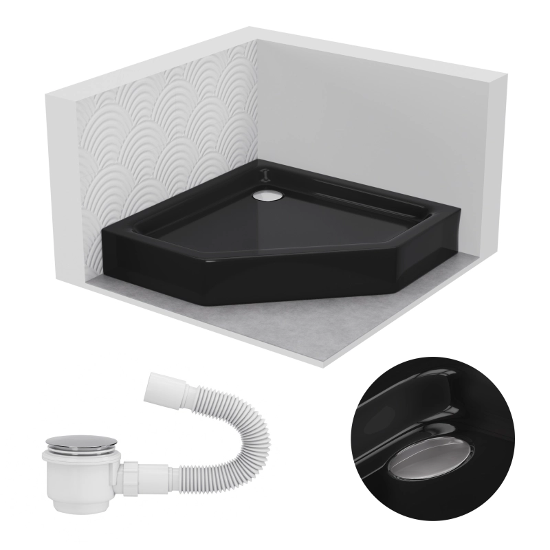 Brodzik prysznicowy pięciokątny 80x80cm czarny z syfonem BR149 COMFORT SEVANTE