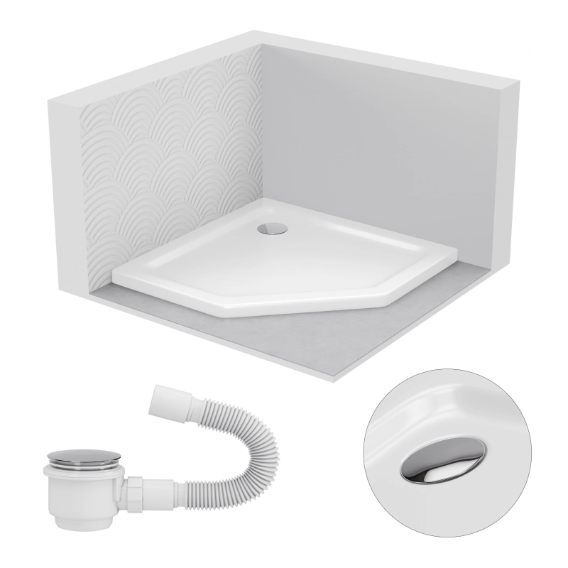 Brodzik prysznicowy pięciokątny 90x90cm biały z syfonem BR016 SLIM SEVANTE